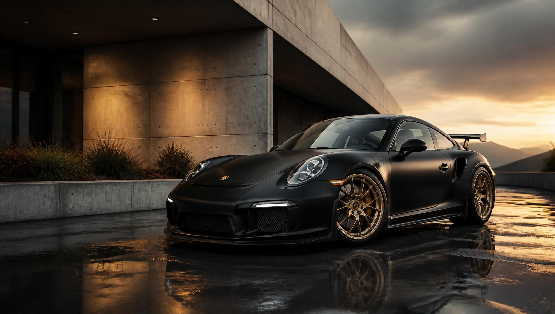 Matte black Porsche 911 at golden hour
